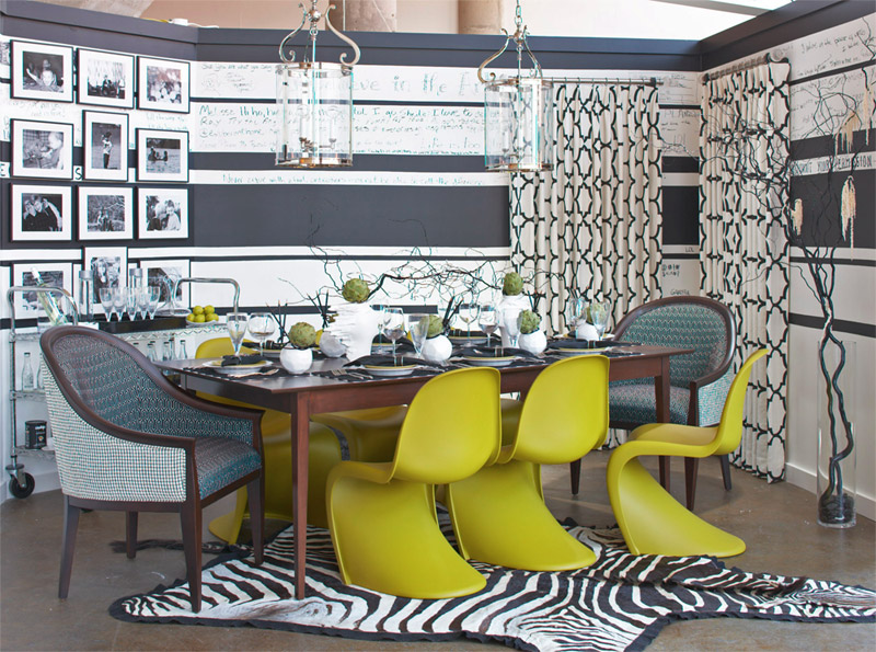 Yellow-green armchairs in a gray living room