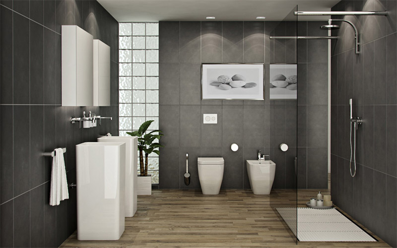 Gray and black bathroom