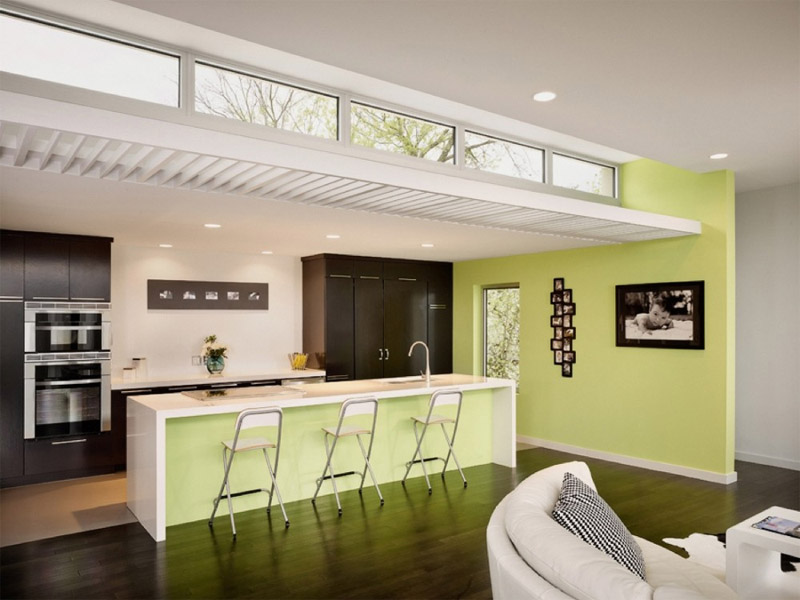 Kitchen with light green flowers.